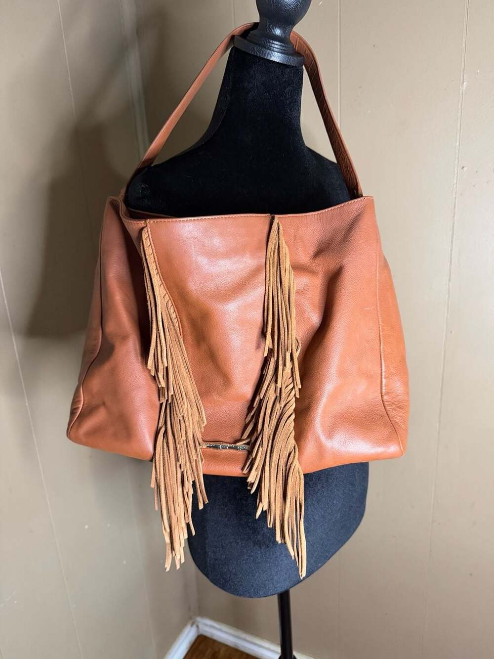 Elaine Turner Cognac Leather Fringe Hobo Shoulder Bag with Pink Lining